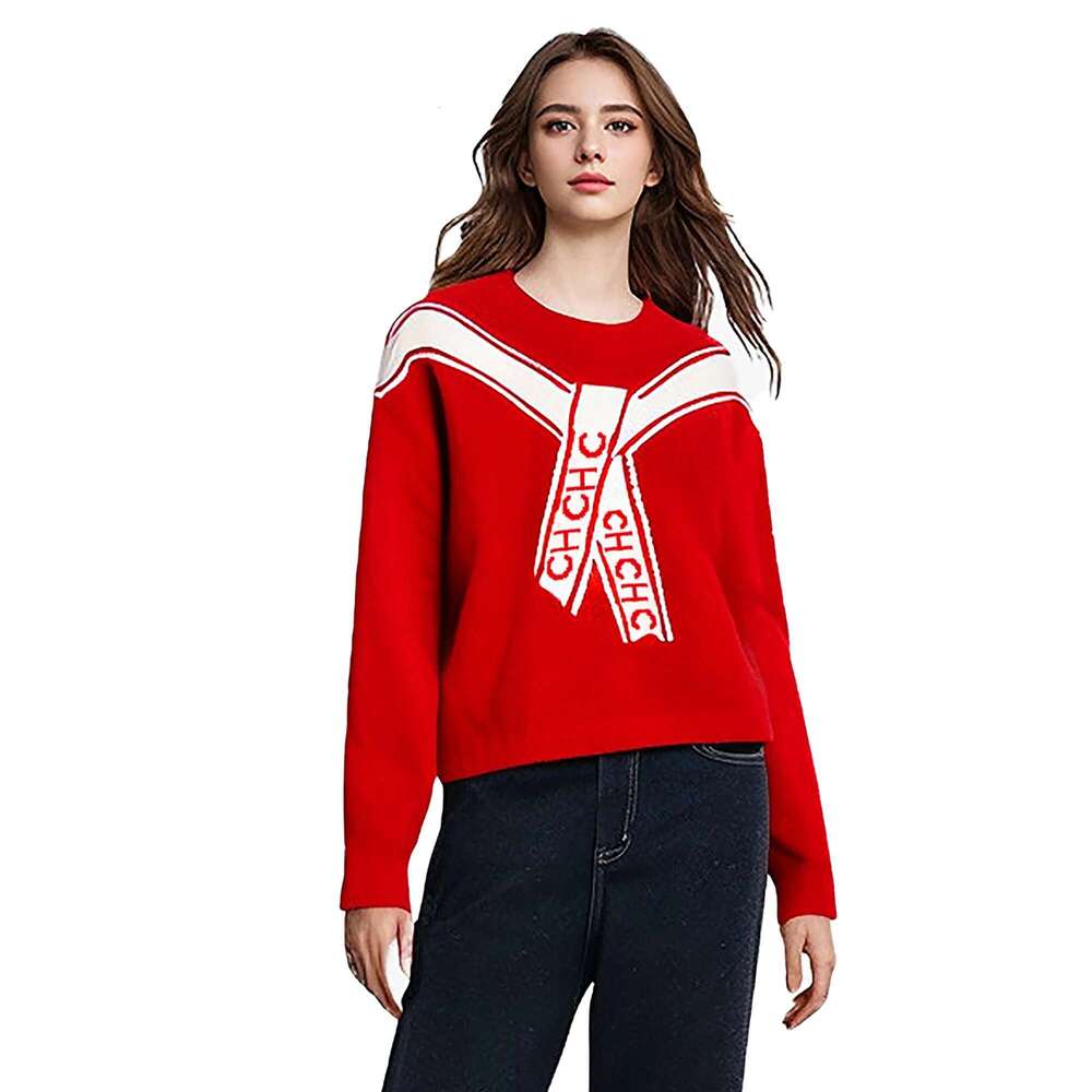 CHCH Casual Knitted Contrast Pullovers Women Loose Red Long Sleeve Sweaters 2024 Autumn New Lady Cozy All-Match Knitwear