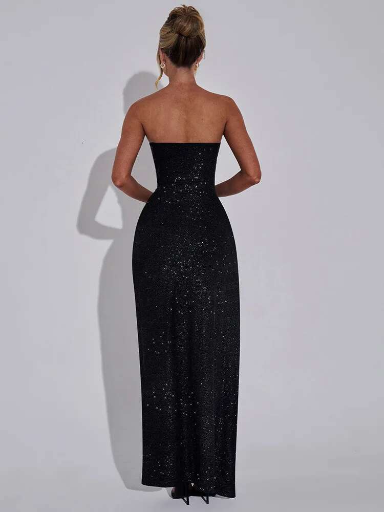 Dongdumaoyi Townlike Sparkle Glitter Split Sexy Party Dress Women Strapless Summer Slim Bodycon Elegant Midi Long Dresses