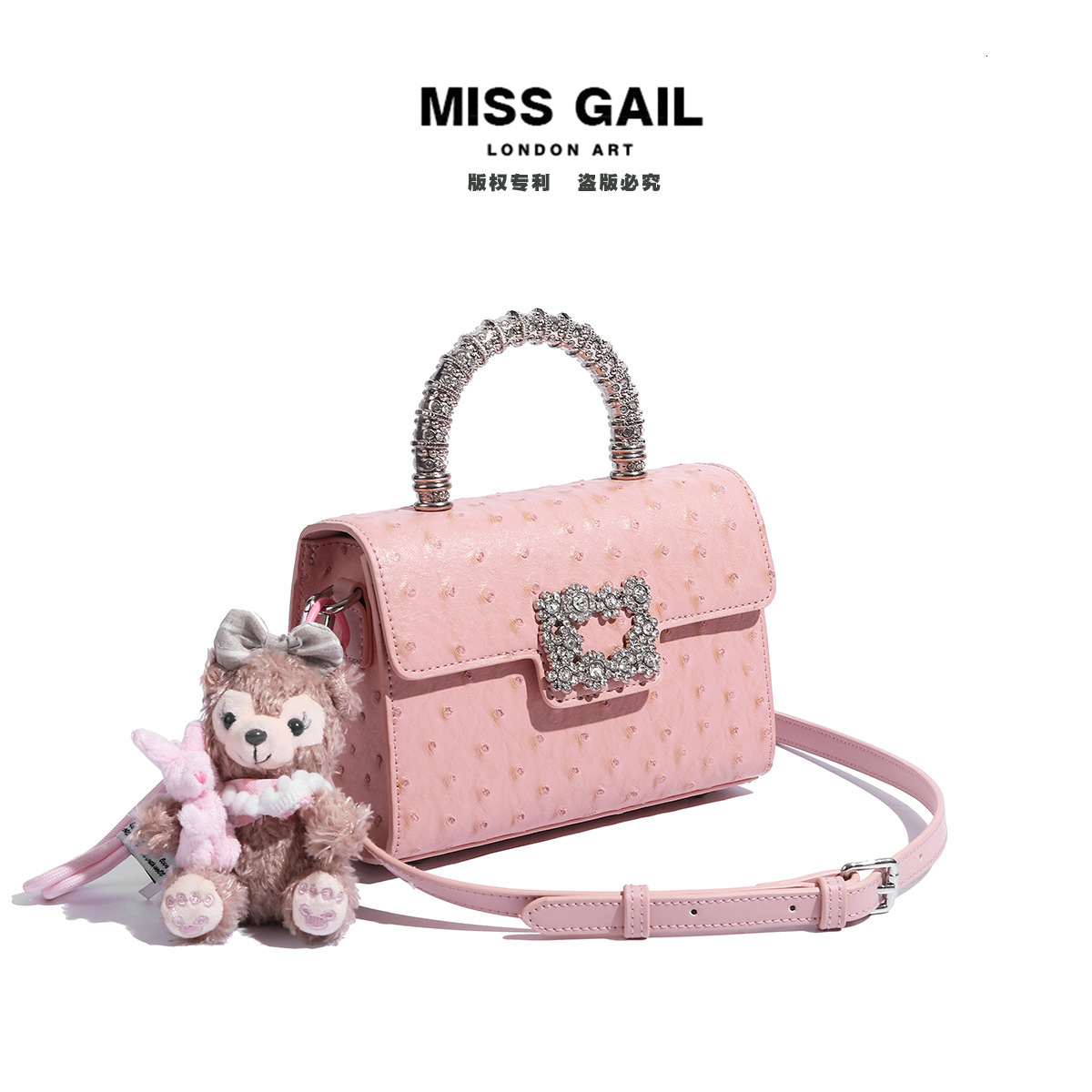 Ostrich Pattern Small Square Bag for Women's Fashionable Luxury Pink Cartoon Pendant Handbag Single Shoulder Crossbody Bag