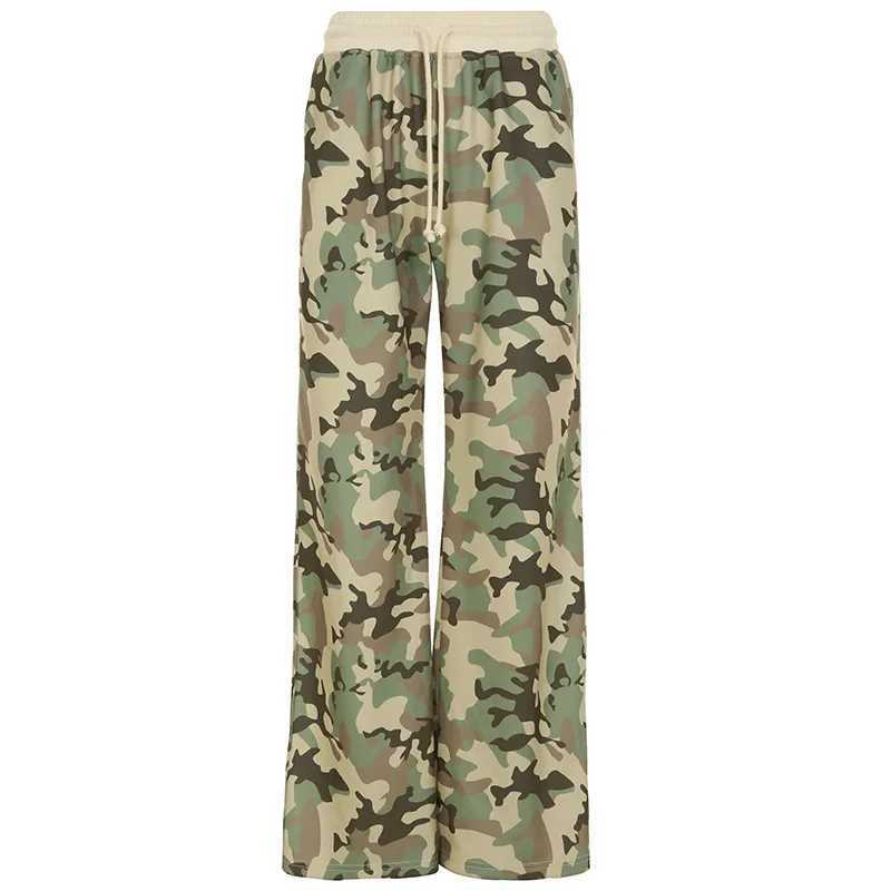 Camouflage two-piece personalized set casual street sports set short waist hooded cardigan jacket and long and wide leg pants w250425