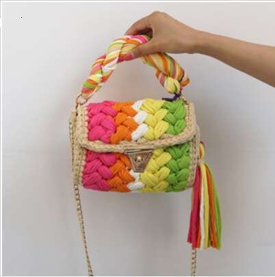 designer Hot Sale Woven Color-Block Handmade DIY Finished Fabric Strip Yarn Crochet Crossbody Bag