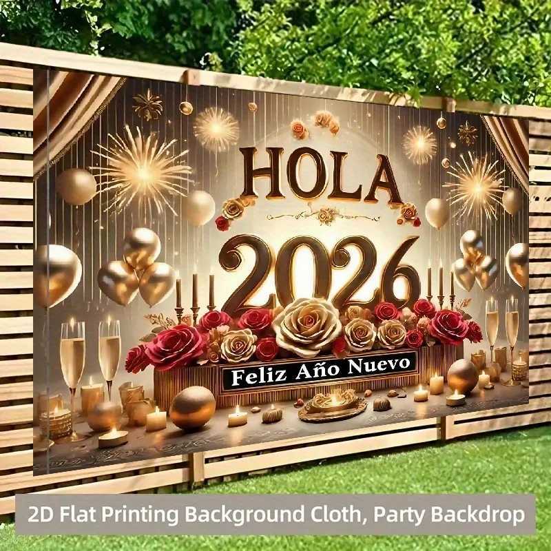 VIKAMA 2026 New Year Spanish Tapestry Golden Rose Fireworks Balloon Background Cloth New Year Party DecorationM251125