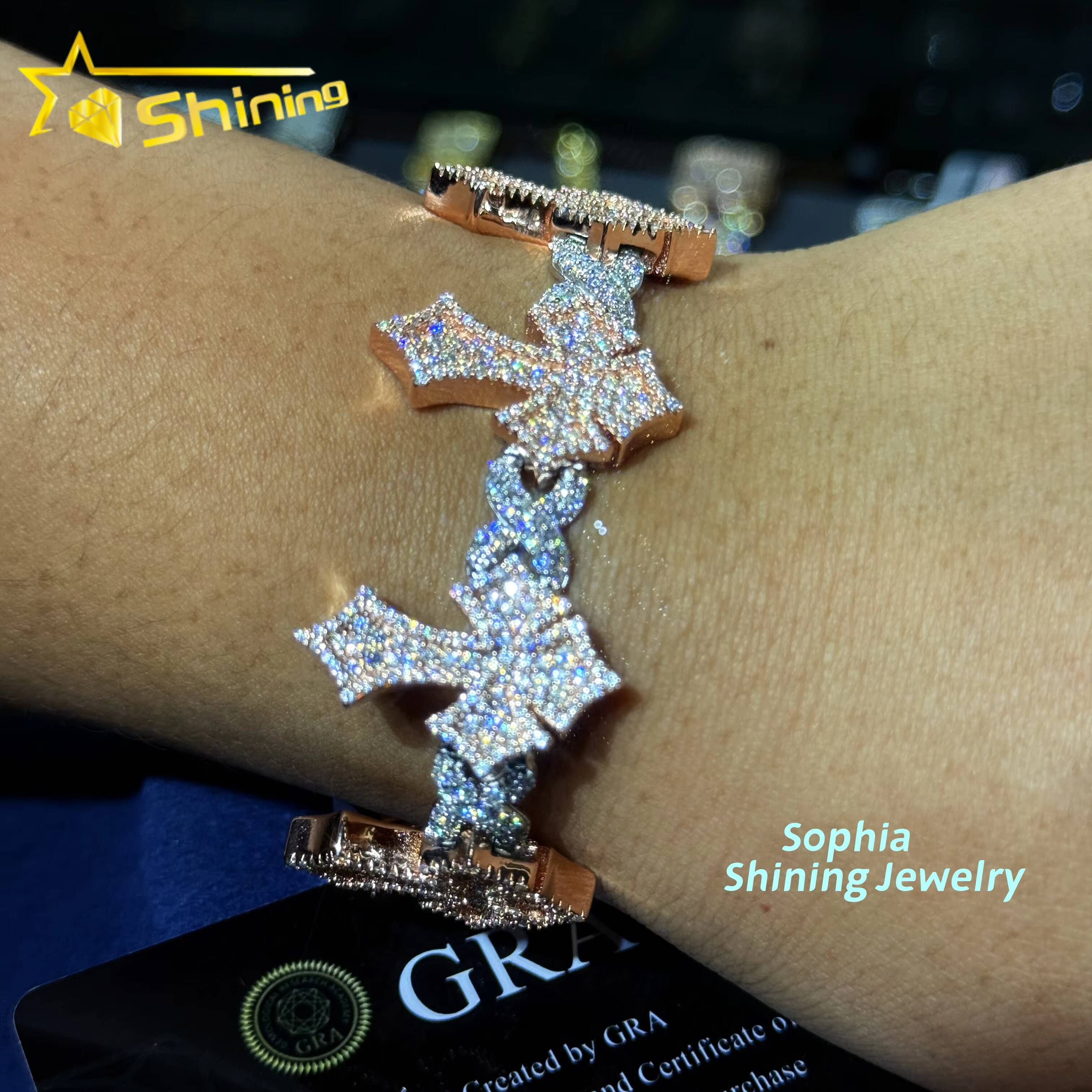 New Fashion Jewelry Silver 925 Hip Hop Iced Out Men Bracelet VVS Moissanite Lab Diamond Jewelry Cross Cuban Link Chain Bracelet