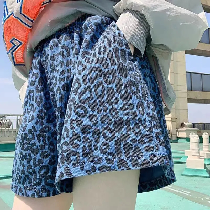 Summer Blue Leopard Printed Womens Loose Wide Leg Pants Elastic Waist Personalized Casual Jeans Pants 250418