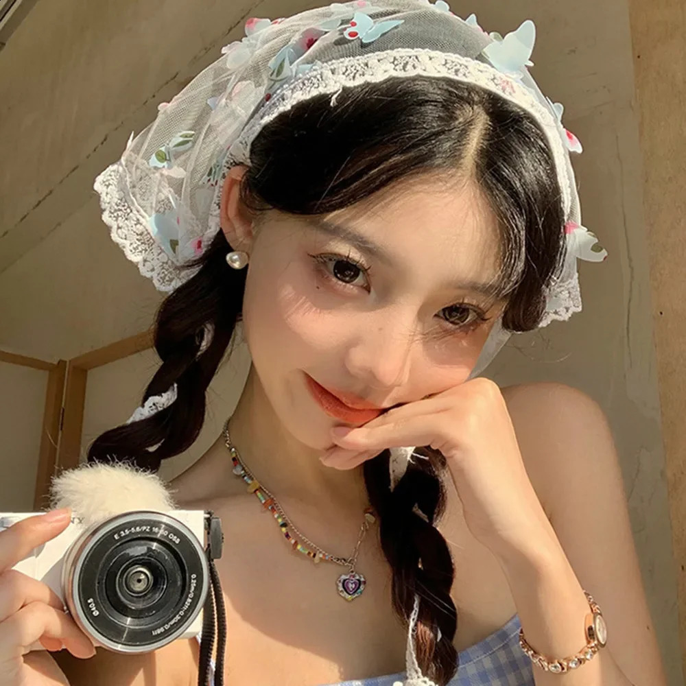 Cute Butterfly Lace Triangle Hair Scarf Suitable for Women White Bandanas Hair Spring and Summer Headwear Girl Hair Accessories 250423
