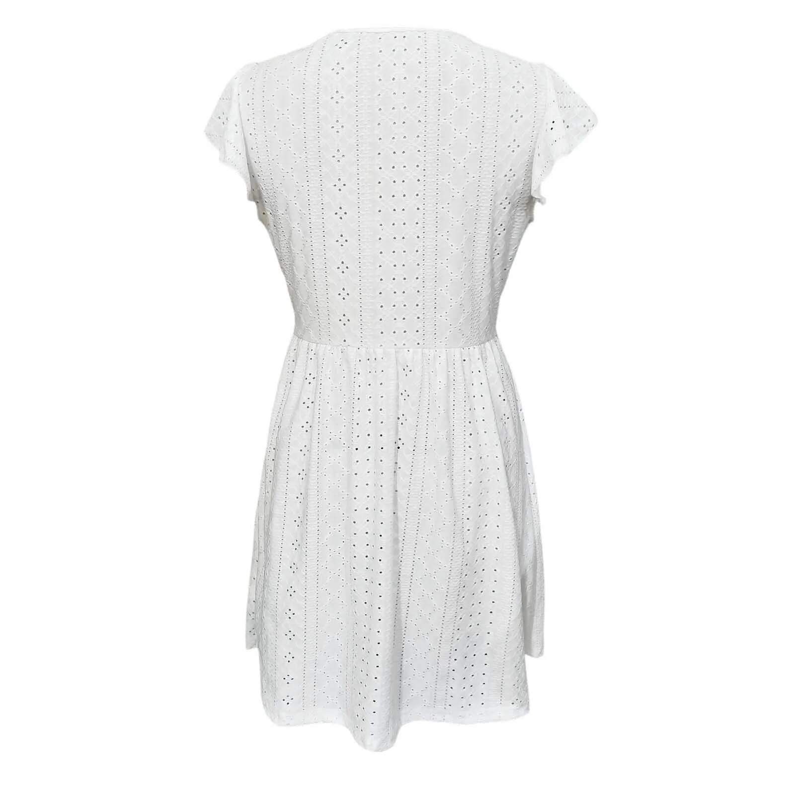 Dongdumaoyi Women White V Neck Beach Dress Solid Summer A Line Short Sleeve Casual Loose Sundress Holiday Baggy Long Robe