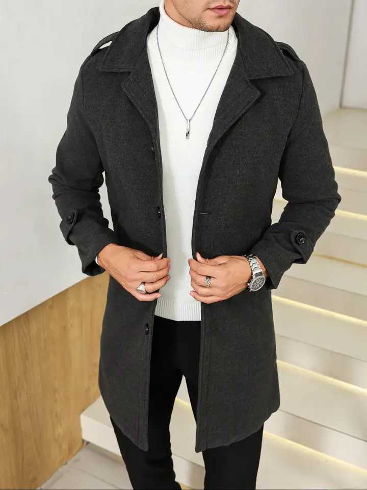 1PCS Mens Woolen Overcoat Jacket Autumn Winter Casual Long Sleeve Outerwear Lapel Pocket Design Comfortable Daily WearT251125