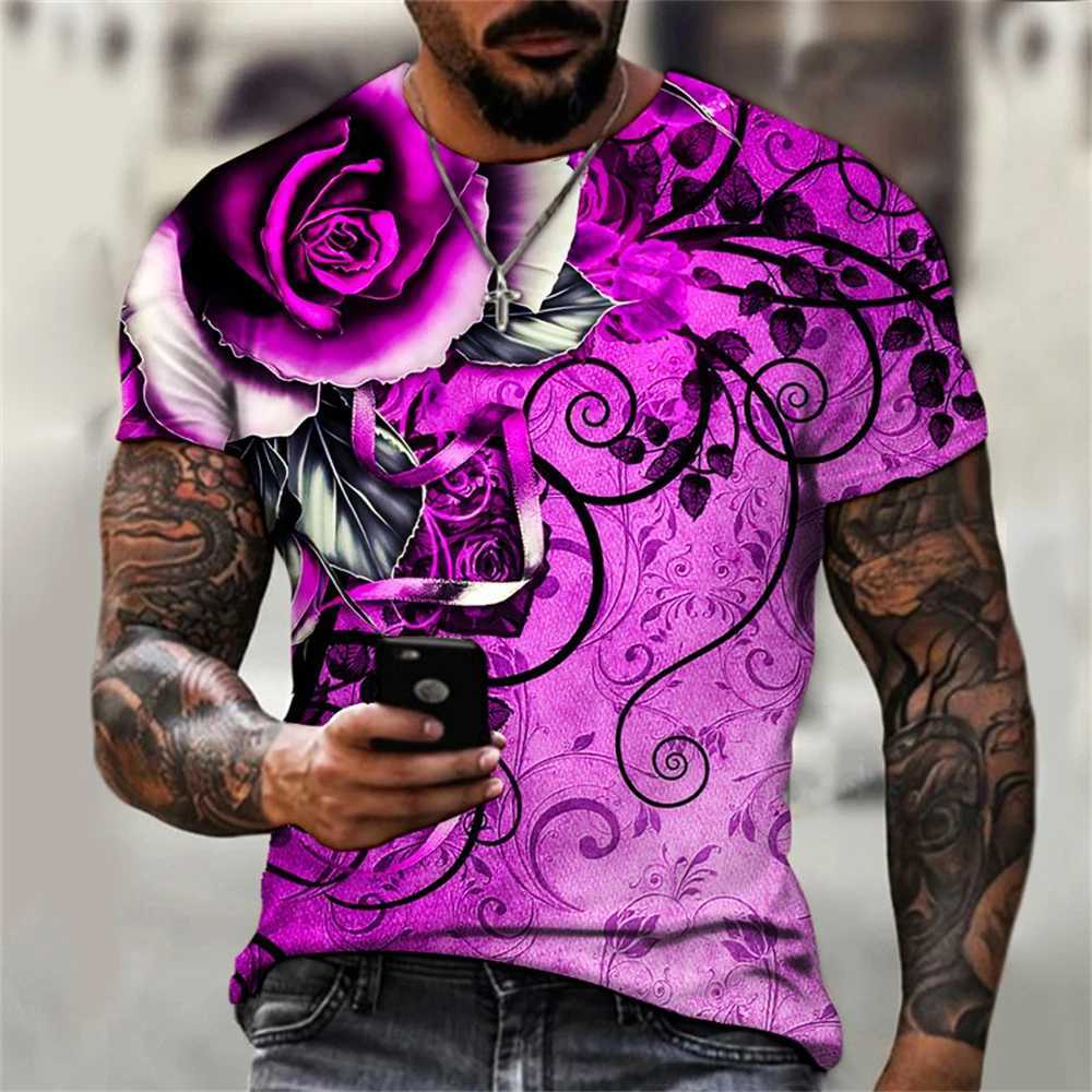 2023 summer mens T-shirt 3D graphic bright rose print retro mens T-shirt womens casual short sleeved O-neck streetwear W250425
