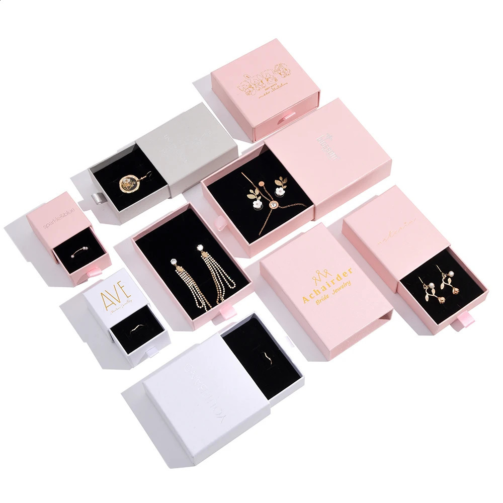 Wholesale 100pcs/lot Custom Jewelry Packaging Box with Pink Cardboard Drawer Jewellery Box Earrings Ring Necklace Gift Box 250424