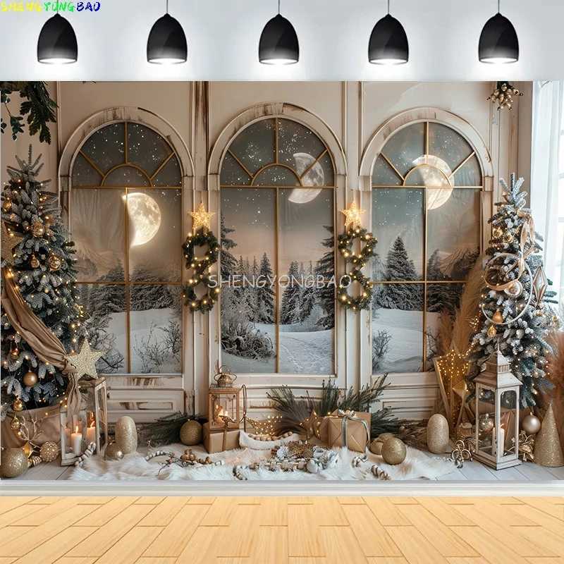 Christmas Scene With Large Window Mountain Photography Backdrops New Years Eve Family Party Gift Photo Studio Background HC-02M251125