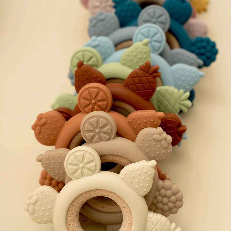 1PC Baby Fruit Teething Toys BPA Free Silicone Teether with Wooden Ring Infant Chewing Toy for Boys Girls Newborn Babies Gifts G251125