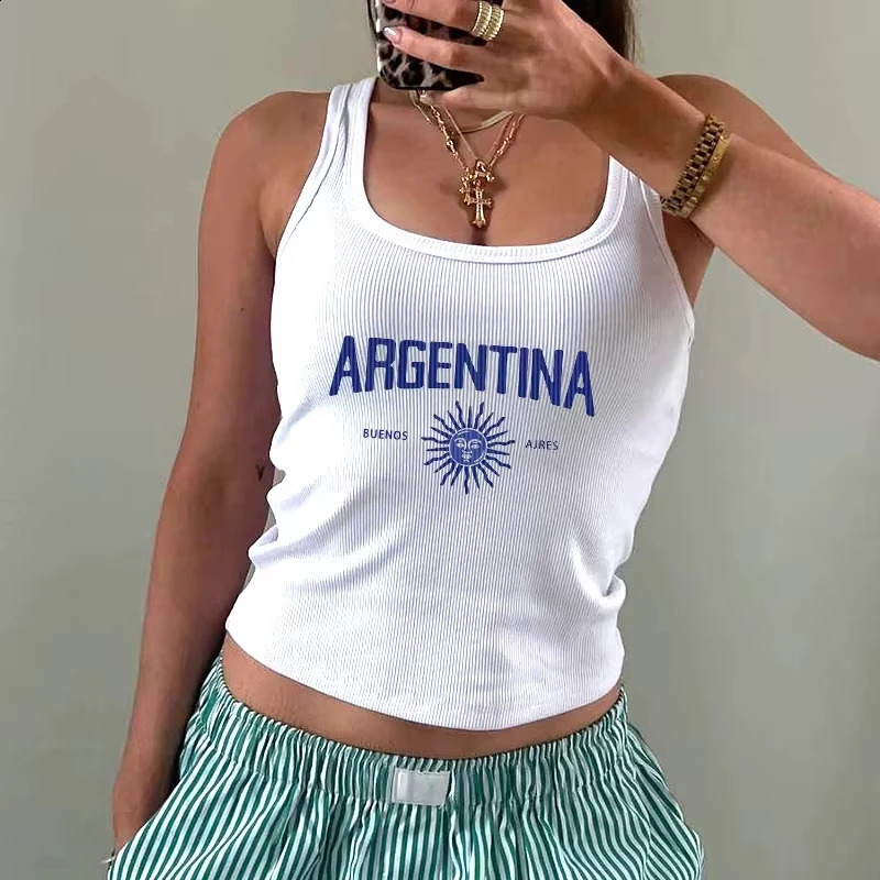 Summer Argentina printed strapless vest for women casual sleeveless basic sports street wear sexy weight loss 250420m