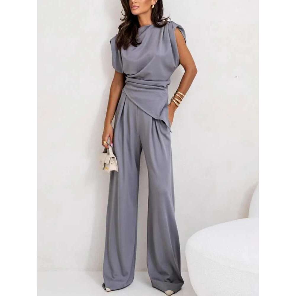 2025 Summer Fashion New Women's Two Piece High Street Elegant Round Neck Irregular Top Elastic Waist Wide Leg Pants Set