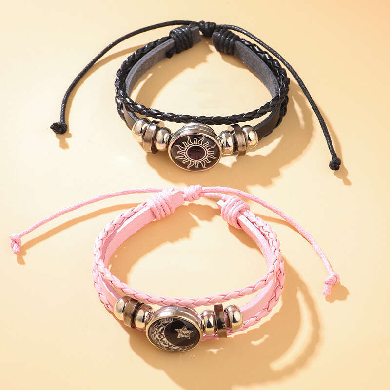Hot selling Sun Moon Lover Time Leather Punk Multi layer Beaded Weaving Bracelet Couple Gift