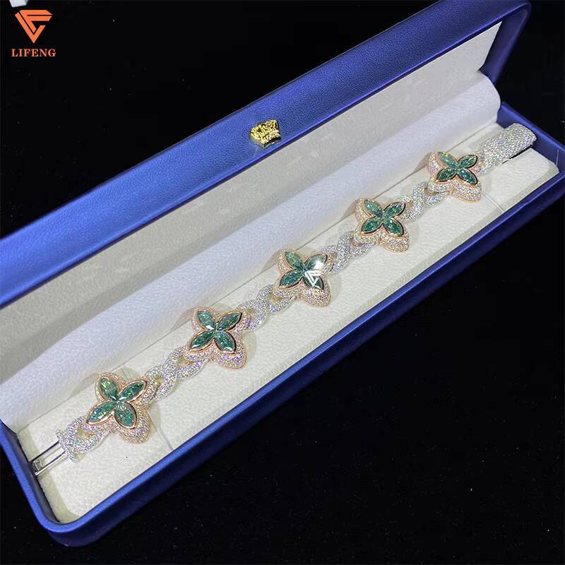 Moissanite Jewelry Lucky Clover Bracelet Silver 925 Moissanite Bracelet Iced Out VVS Blue Pink Green Diamond Moissanite Bracelet