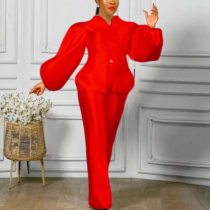 Elegant Office Ladies 2 Pieces Pants Solid Satin Blouse & Long Trousers Straight High Quality Female Outfits Sets