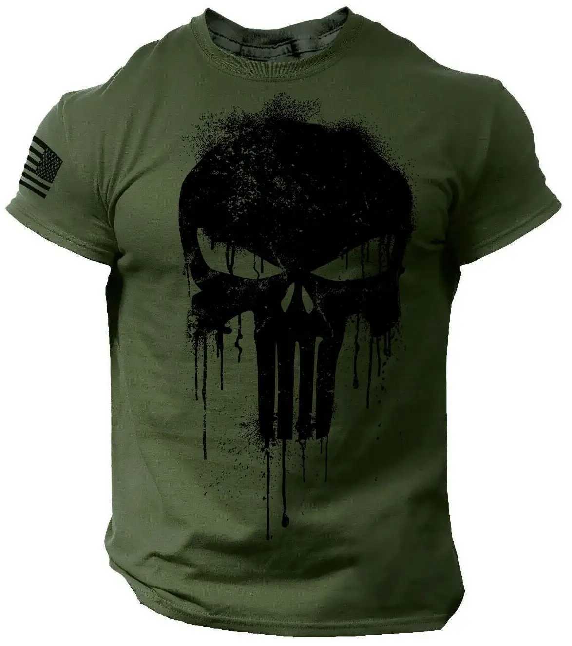 Mens 3D printed mens T-shirt military patriotic skull drip T-shirt oversized short sleeved sports shirt mens clothing top-level T-shirt W250425
