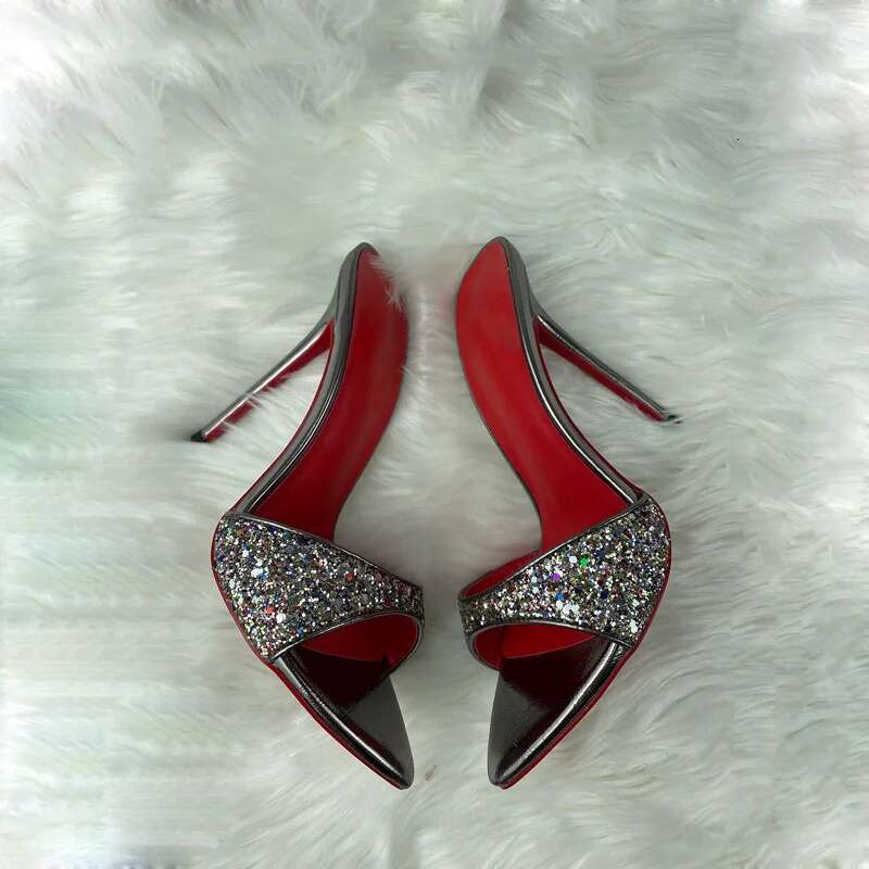 Summer new pointed patent leather sequins with sexy fashion slippers stilet high-heeled banquet dress large size women's sandals