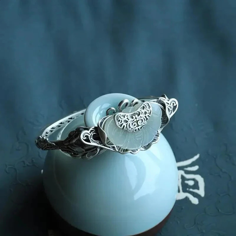 original and old handmade butterfly silver inlaid Ruyi Hetian jade open bracelet retro ladies jewelry 250424