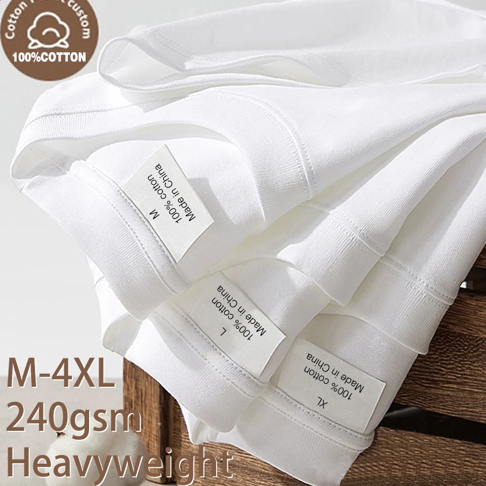 240gsm heavy-duty oversized mens plain weave T-shirt summer high-quality short sleeved T-shirt 100% pure cotton solid color fashionable casual white t