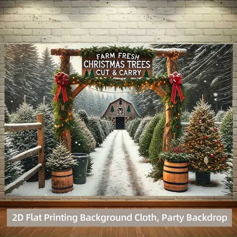 Christmas Tree Farm Tapestry Snowy Winter Forest with Red Ribbon Design Wall Hanging for Cozy Holiday Home and Office DecorM251125