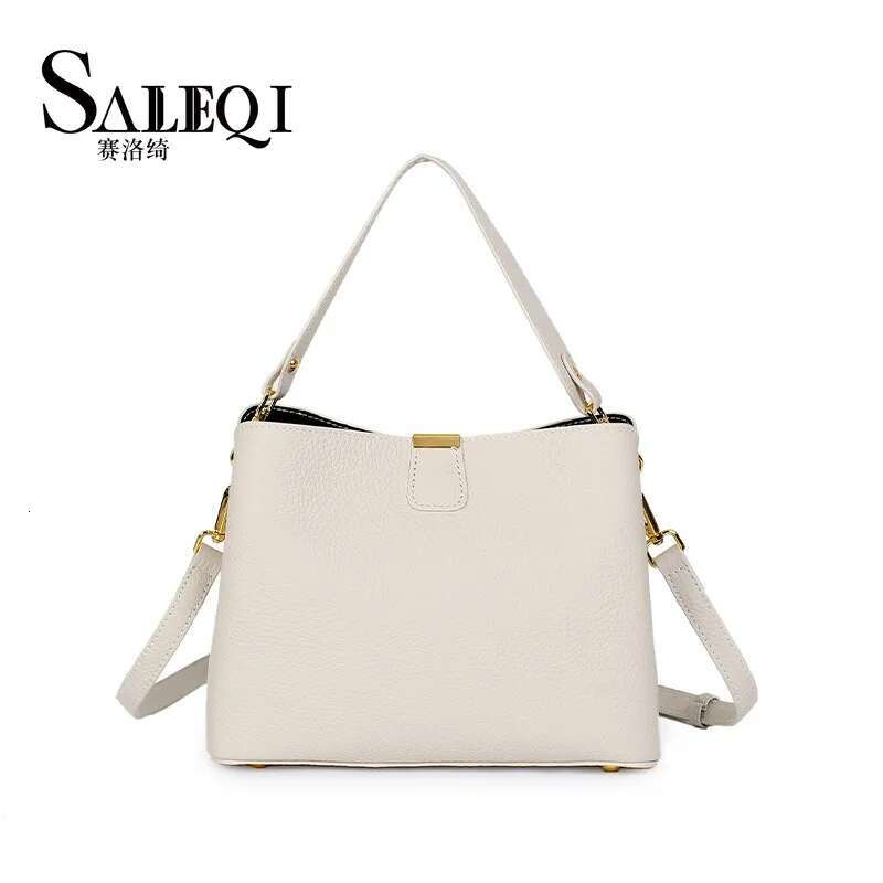 Cowhide Women Large Capacity Gray Bucket Bag Commuter Leather Ladie Designer Shoulder Crossbody Green Handbag Female