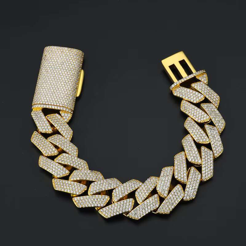 Mens 22MM Wide Yellow Brass Cuban Link Chain Necklace with 4 Rows of Zirconia Luxuriously Gold Plated in 18K for a Bold Look