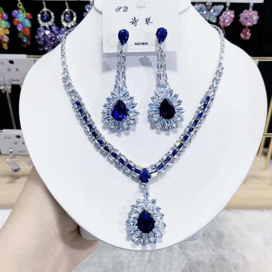 Women Fashion Zircon Pink Green Water Drop Necklace Earrings Set 2024 250417