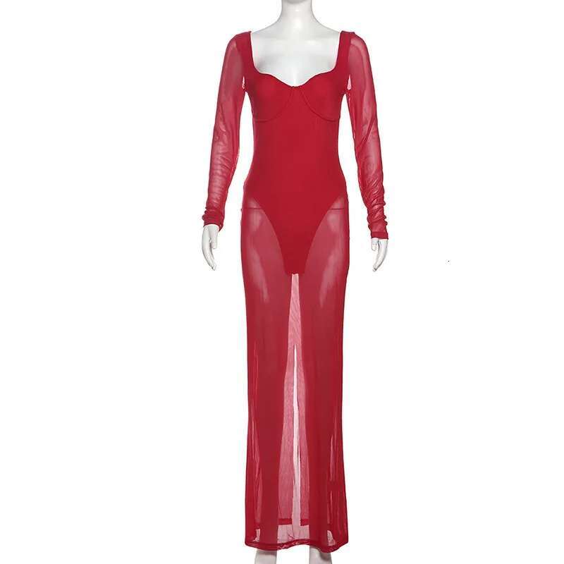 Dongdumaoyi Townlike Perspective Mesh Slim Bodycon Dress Women Strapless Autumn Winter Maxi Long Nightclub Sexy Party Dresses