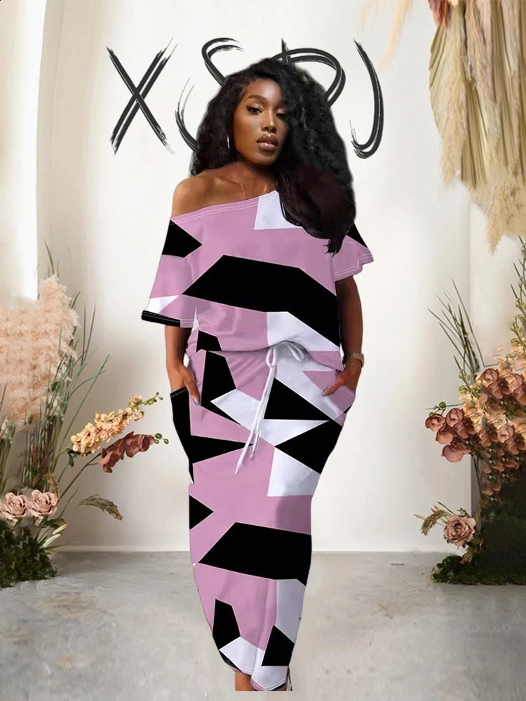 Two piece set of womens plus size summer clothing sloping shoulder T-shirt and elastic waist dress womens casual set 250422