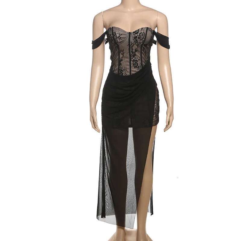 Dongdumaoyi Townlike Mesh Lace Patchwork Sexy Party Dress Women Spaghetti Strap Spring Summer Off Shoulder Maxi Long Dresses