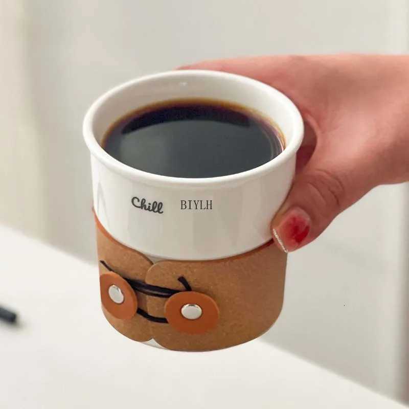 240ml Mugs Ceramic Coffee Cup Mini Accompanying Cup Creative Leather Case Design retro Water Cup Simple Home Decoration Teacup Y251125