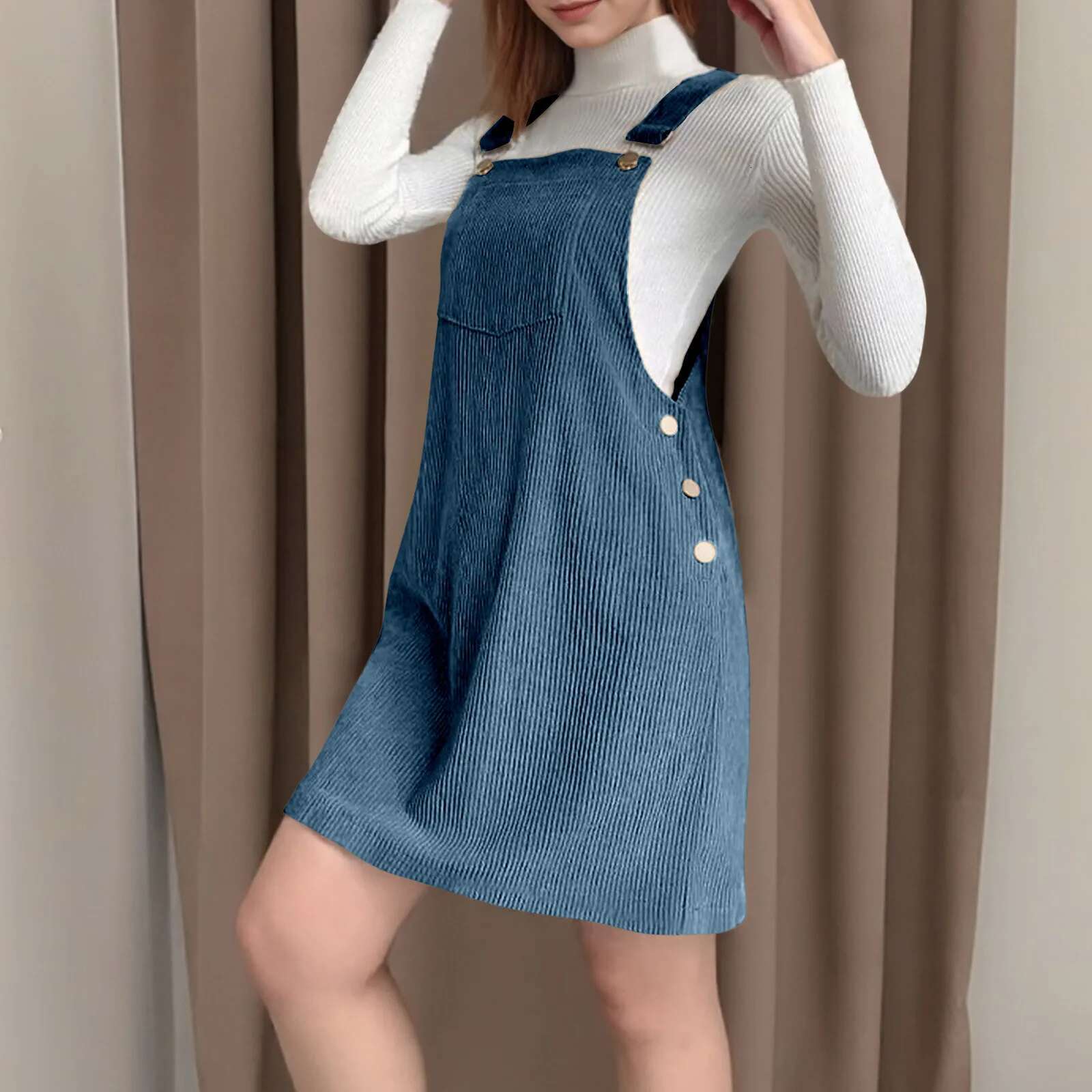 Dongdumaoyi Women S Fashion Corduroy Suspenders Dress Summer Loose Sleeveless Casual Button Pocket Design Solid Color Daily Mini