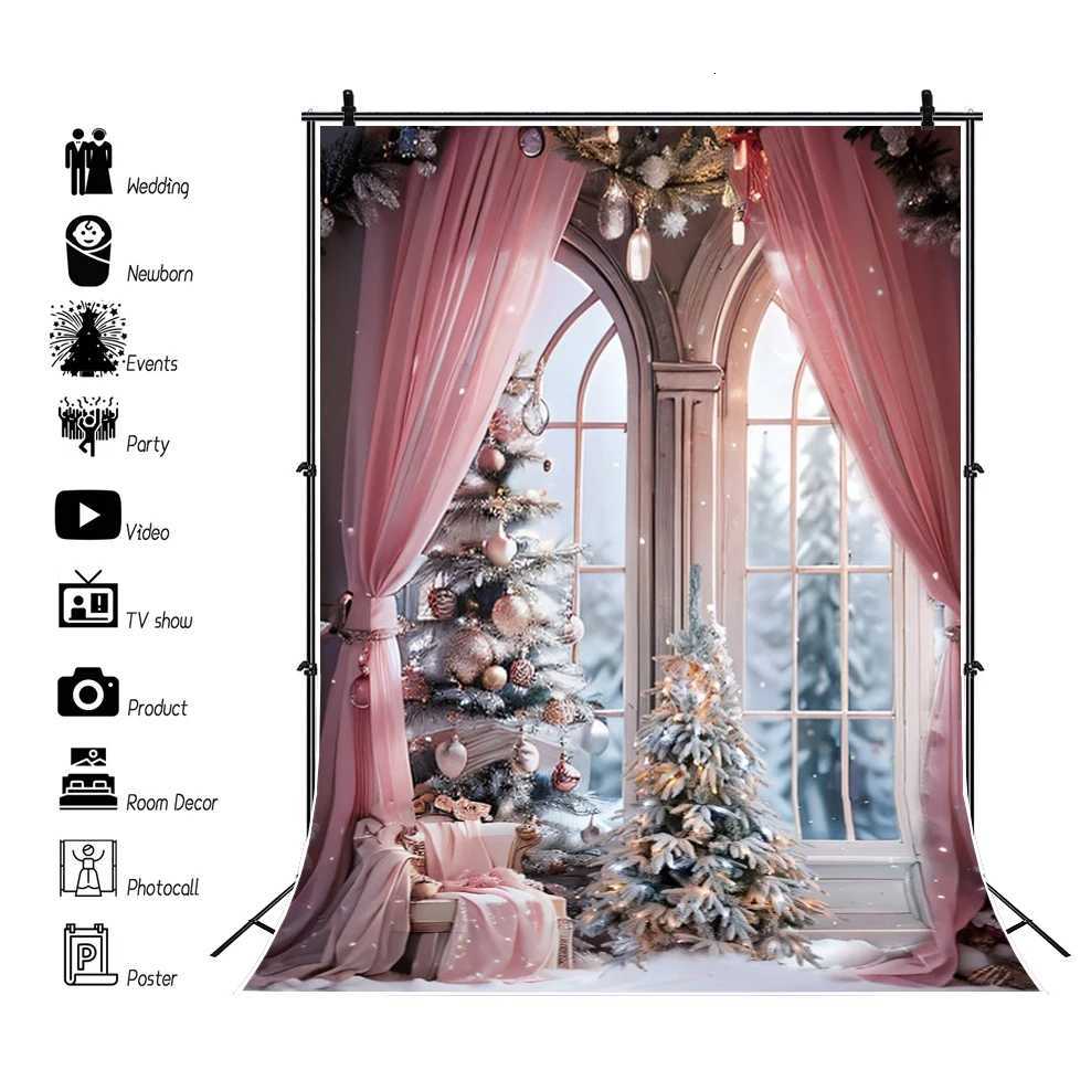 Winter Christmas Window Snow Photo Backdrop Pink Curtain Interior Xmas Tree Gift New Year Party Decor Photography BackgroundM251125