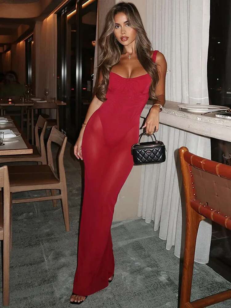 Dongdumaoyi Townlike Maxi Long Slim Bodycon Dress Women Spaghetti Strap Summer Perspective Mesh Nightclub Sexy Party Dresses