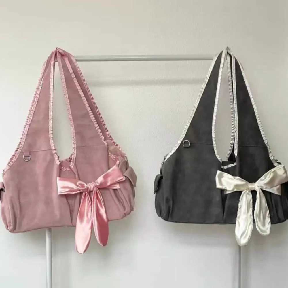 JIAERDI Harajuku Large Capacity Handbag Womens Fairycore Aesthetic Bow Unique Grey Handbag Womens Retro Cute Shoulder Bag New W250421