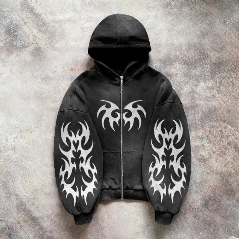 Black printed hoodie mens personalized pattern design Y2k casual cotton sportswear American street style couple jacket w250425