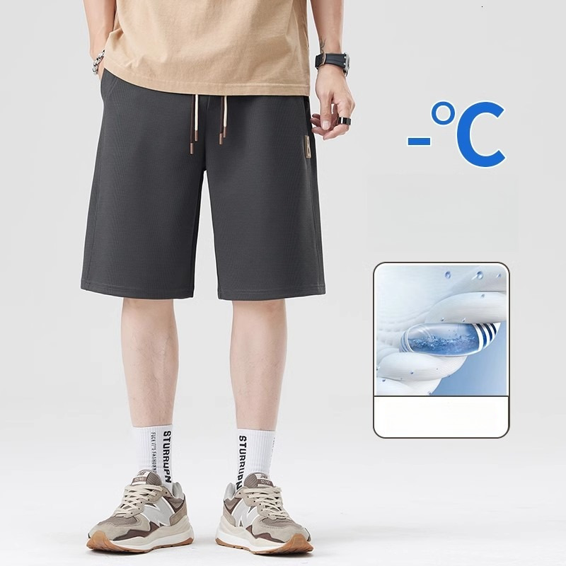 Texture waffle shorts men's summer new brand sports loose straight casual five quarter pants gray trendy