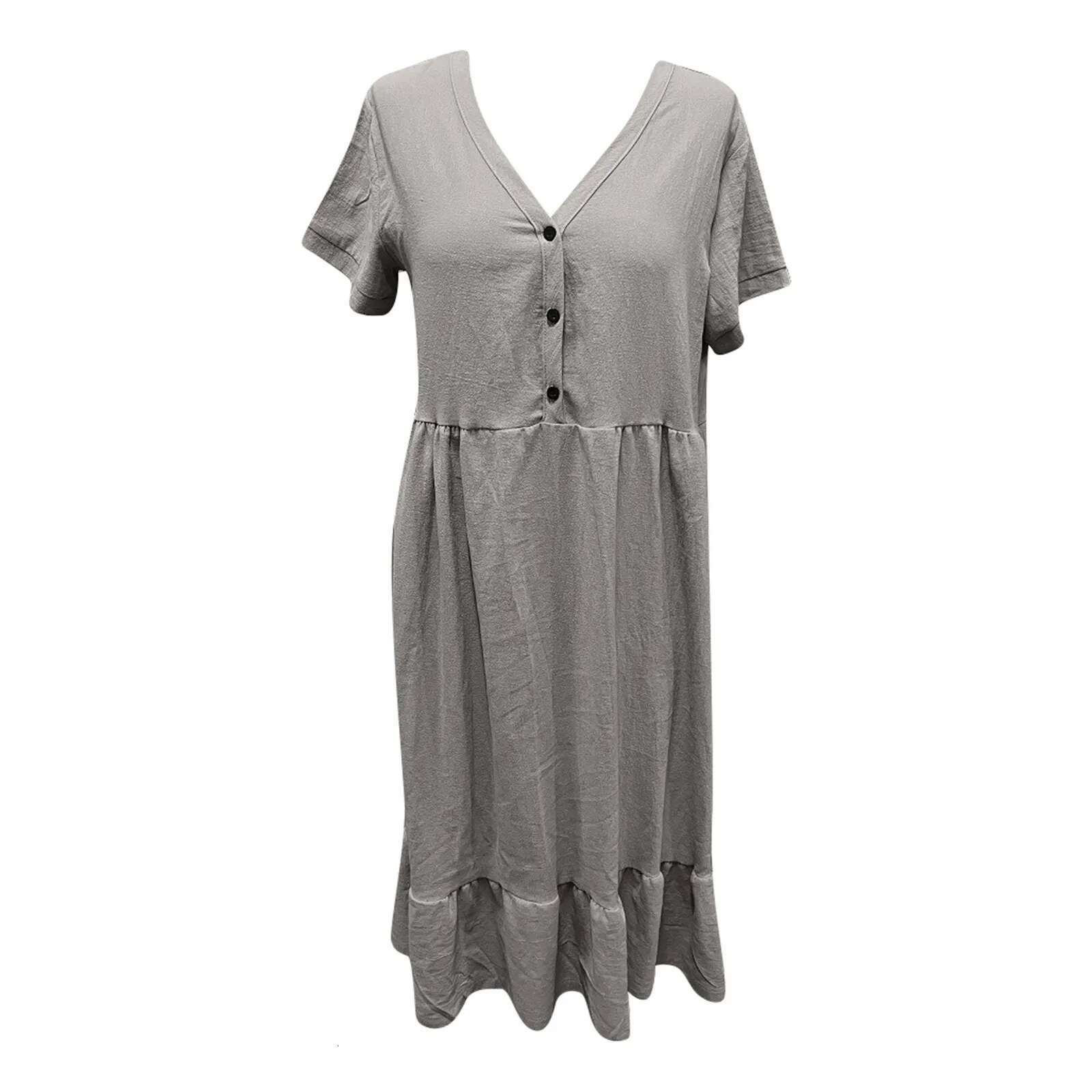 Dongdumaoyi Summer Dresses Solid Short Sleeve Midi For Women Cotton Linen Patchwork Pleated Button Ruffles Casual Holiday Dress