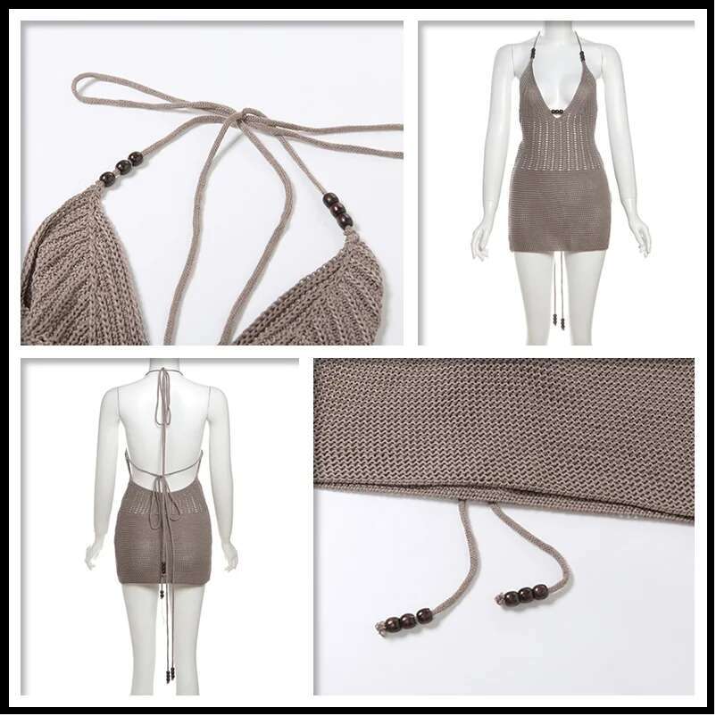 Dongdumaoyi Townlike Slim Bodycon Knitted Dress Women Halter Mini Summer Hollow Out V Neck Backless Sexy Party Dresses