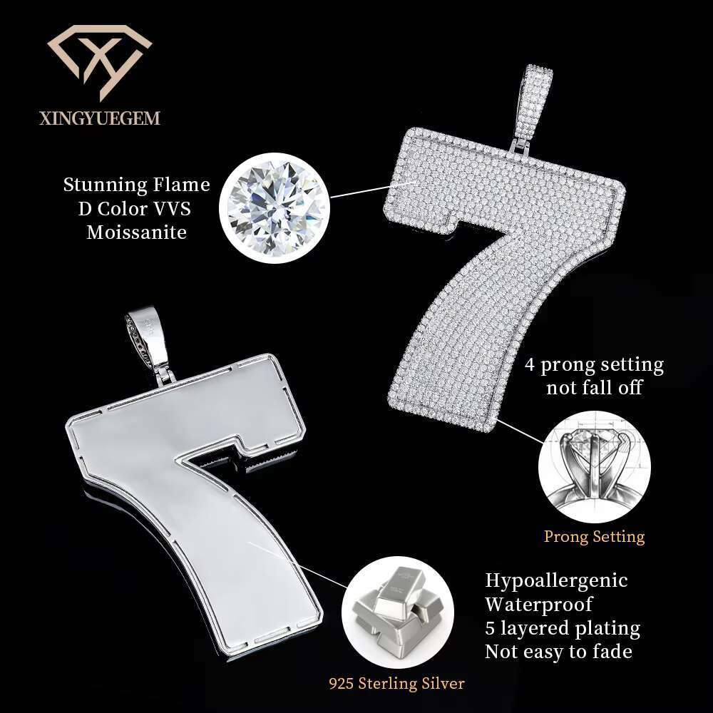 Quality Custom Hiphop Silver Letter Number Mossanite Moissanite Diamond Iced Out Pendent Pendants for Cuban Chain Necklace Men