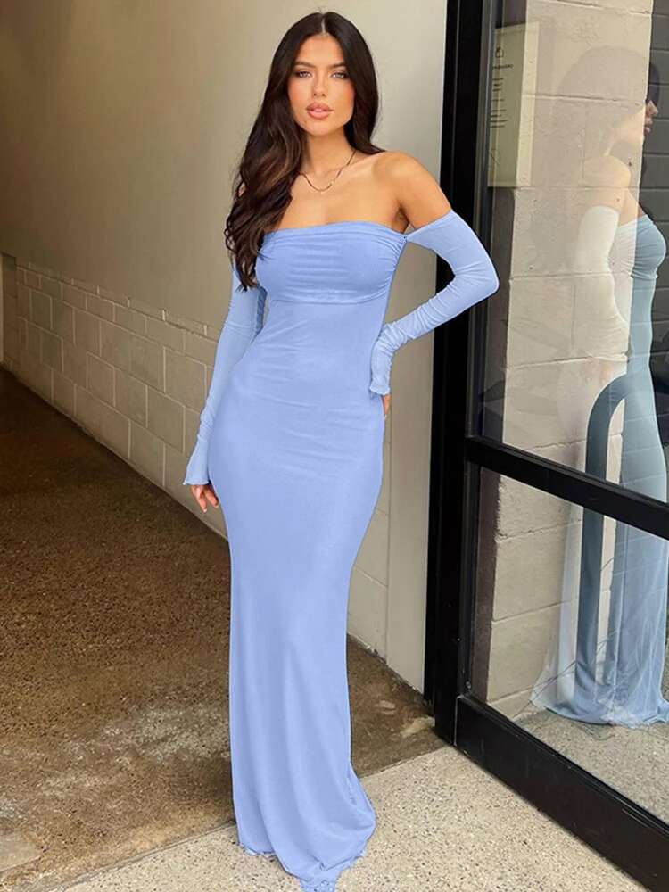 Dongdumaoyi Townlike Mesh Slim Bodycon Elelgant Maxi Long Dress Women Off Shoulder Autumn Winter Backles Sexy Party Dresses