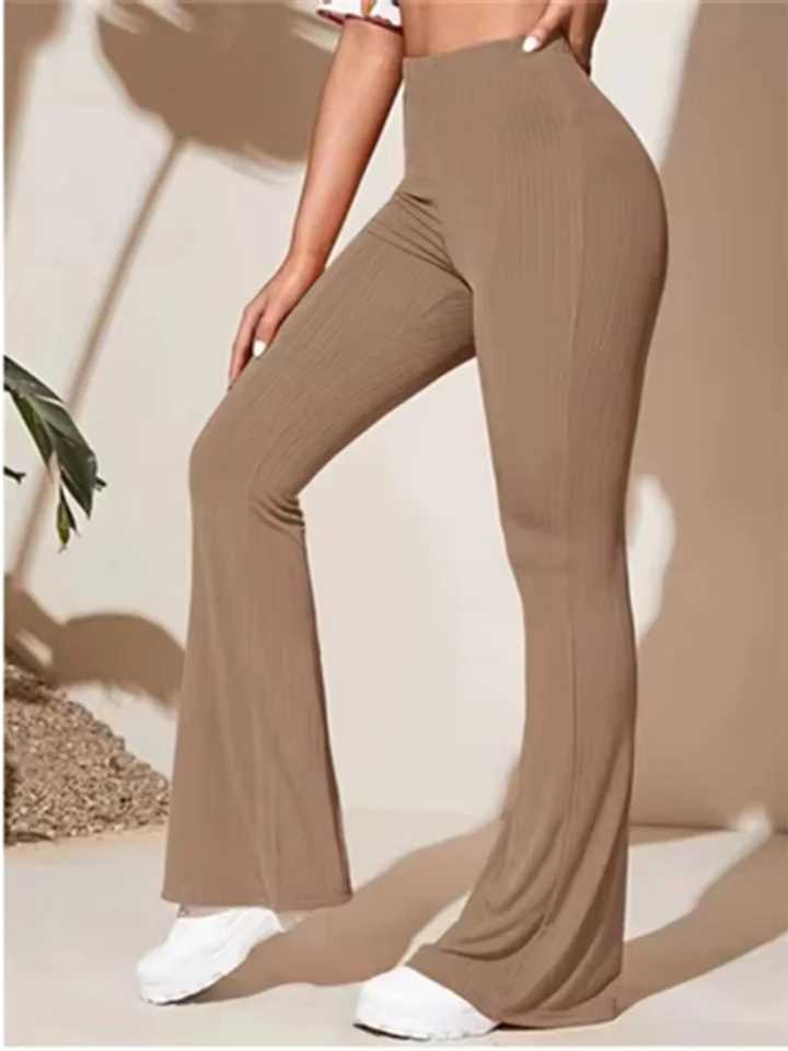 Elastic solid color bell bottoms womens fashionable yoga pants autumn wide leg pantsC250425