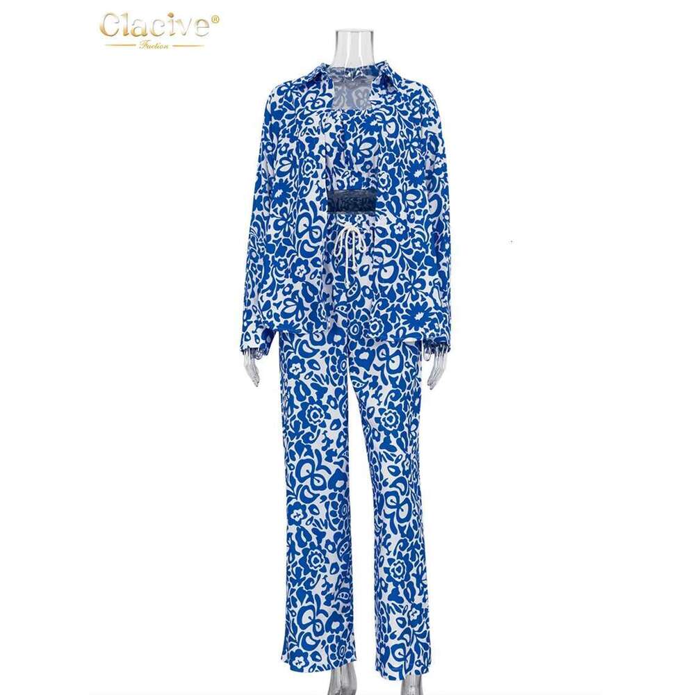 Clacive Fashion Loose Print 3 Piece Women Outfit Elegant Long Sleeve Blouse + Sleeveless Tube Top With High Waist Pants Set
