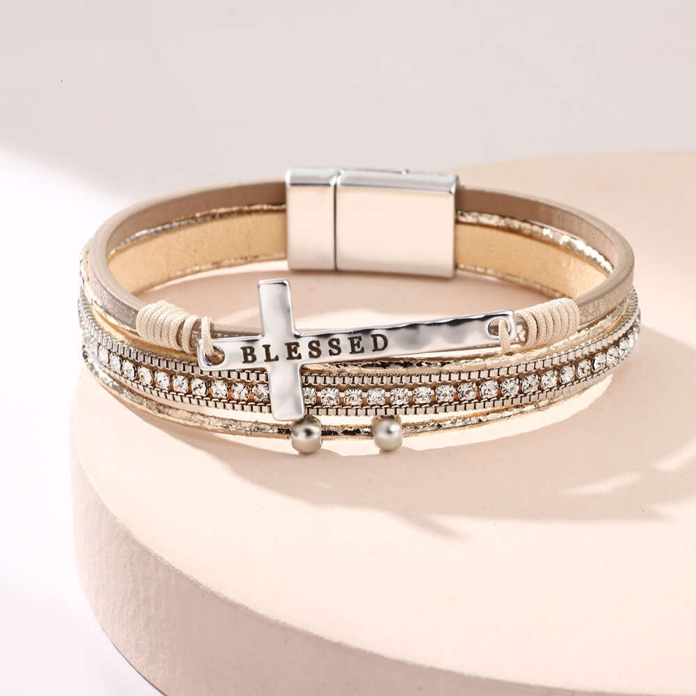 Jewelry Bohemian Cross Light Micro Set Dia Magnetic Buckle PU Leather Bracelet