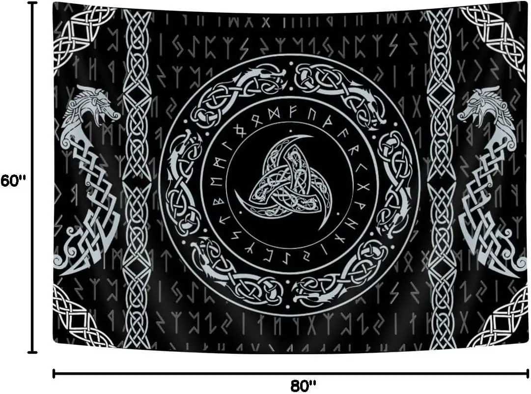 Viking Art Tapestry Raven Ancient Rune Dragon Totem Norse Mythology Tapestries Black White Mystical Geometric Norse MythologyM251125