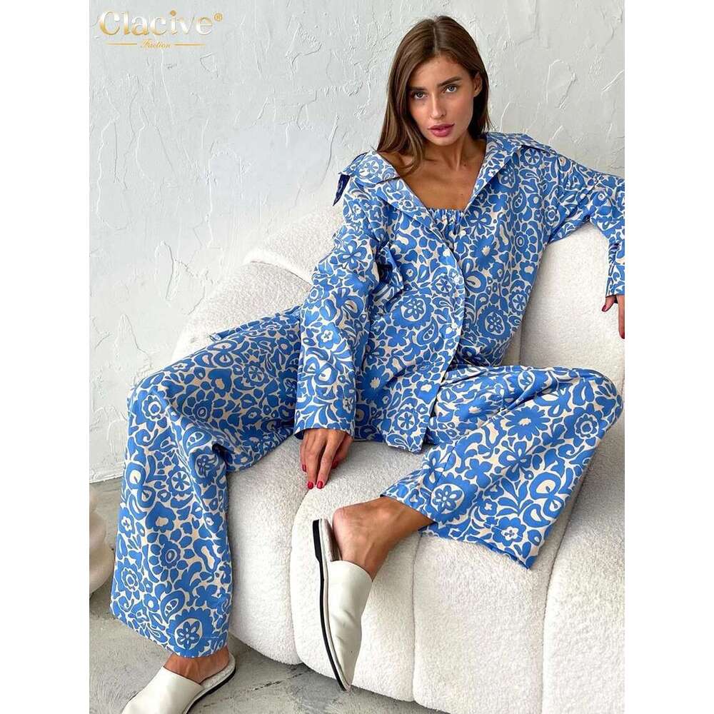 Clacive Fashion Loose Print 3 Piece Women Outfit Elegant Long Sleeve Blouse + Sleeveless Tube Top With High Waist Pants Set