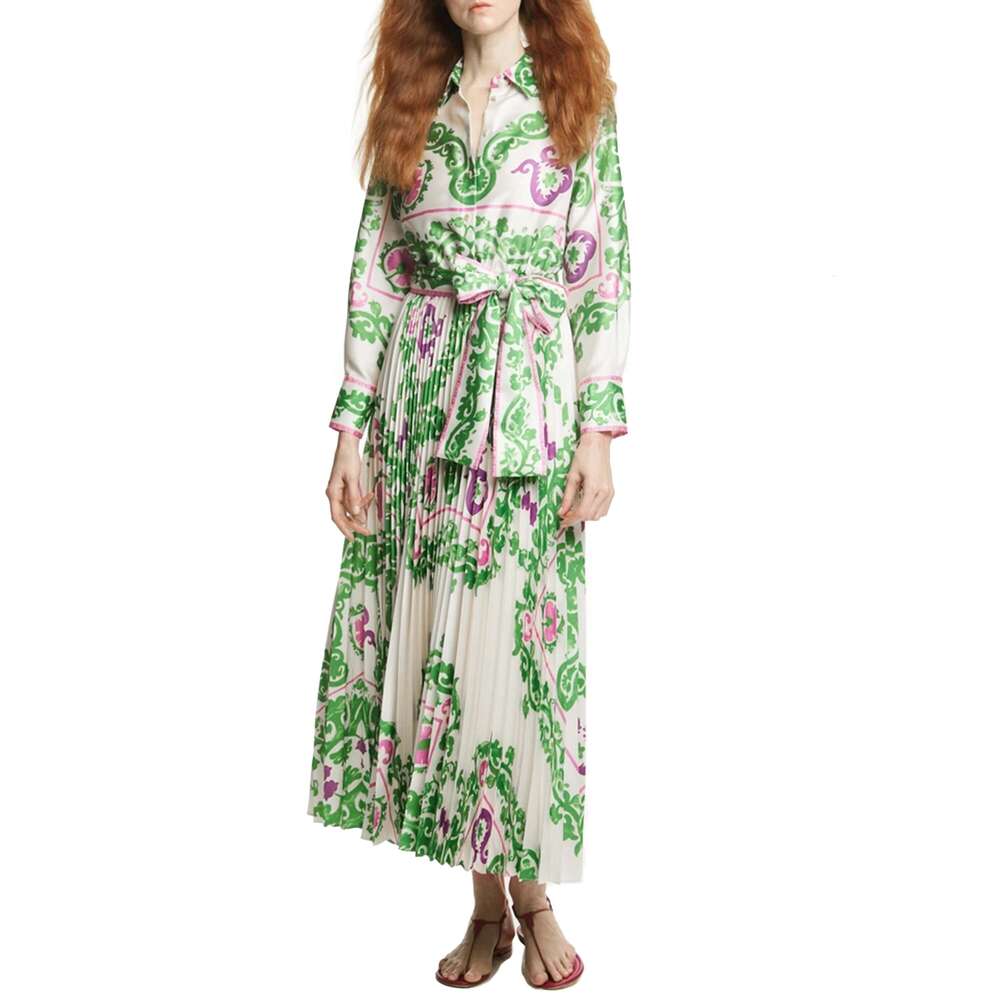 CHCH Women's Printing Dresses Lace Up Neck Long Sleeve Elegant 2024 New Autumn Robe Midi Shirt Dress