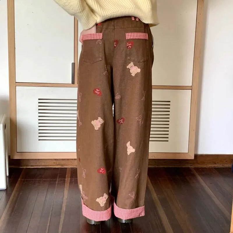 Jmprs Retro Bear Embroidered Jeans Womens Casual Bag Straight Trouser Y2K Lace Plain Splicing Denim Pants Womens 250422