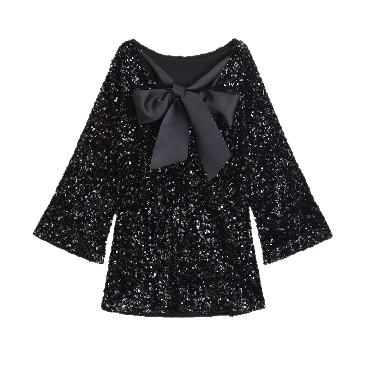 Long-sleeved sequined dress for ladies shiny and sexy party dress with fashionable bow